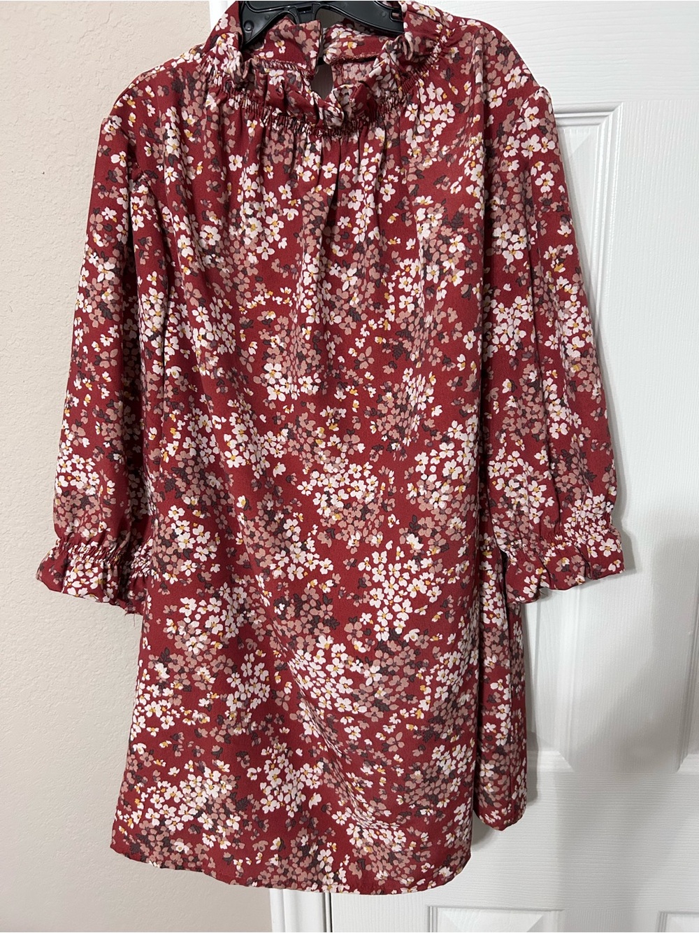 2 Hearts Women's Floral Ruffle-Neck Shirt- Burgundy